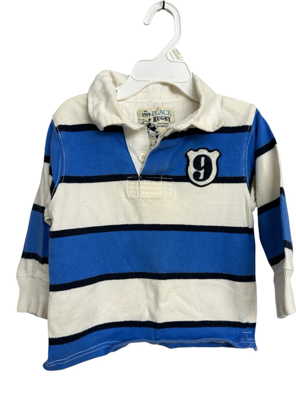 The Children's Place Blue & White Striped Rugby Shirt with Number Patch-Size 24M